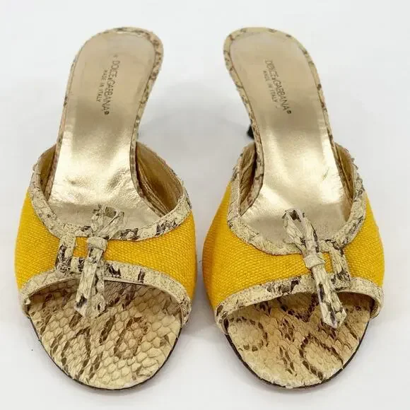 Dolce & Gabbana Retro Yellow Canvas Snakeskin Peep Toe Kitten Heel Mules IT 36 - Picture 5 of 11
